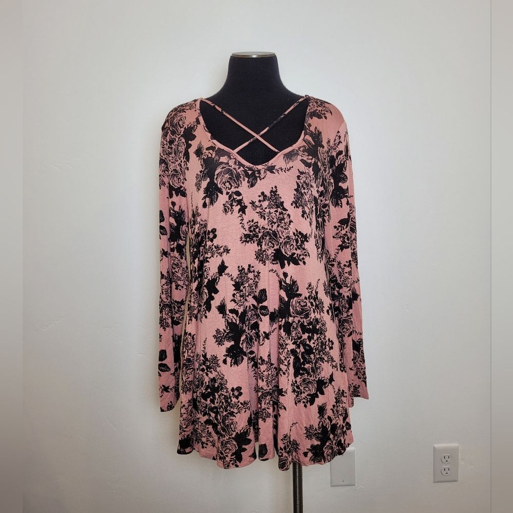 Pink Blush Floral Tunic Top Long Jersey Knit Long Sleeve Boho Indie Gypsy Large